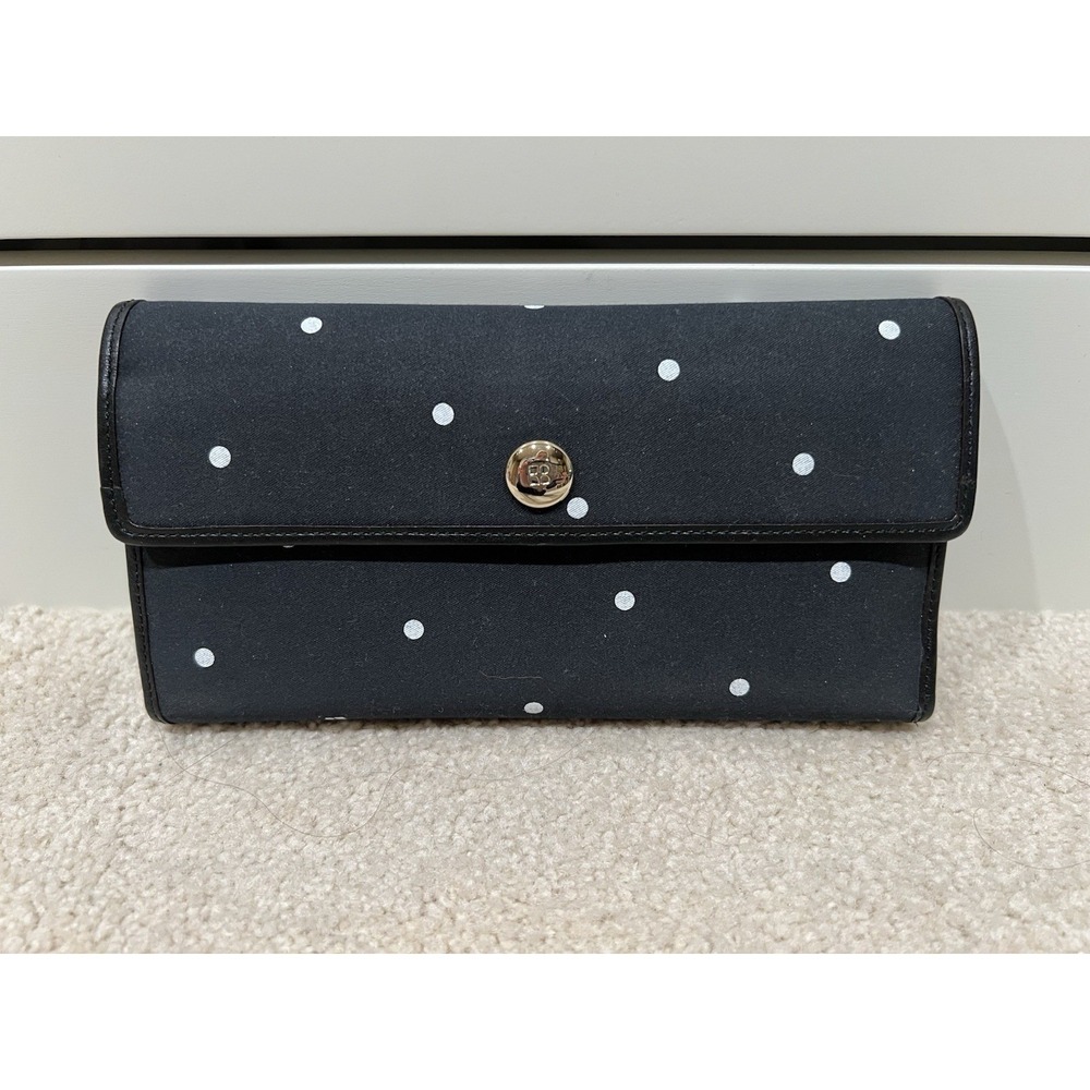 Vtg‎ Kate Spade Large Wallet Black & White Polka Dot Fabric Silver Logo